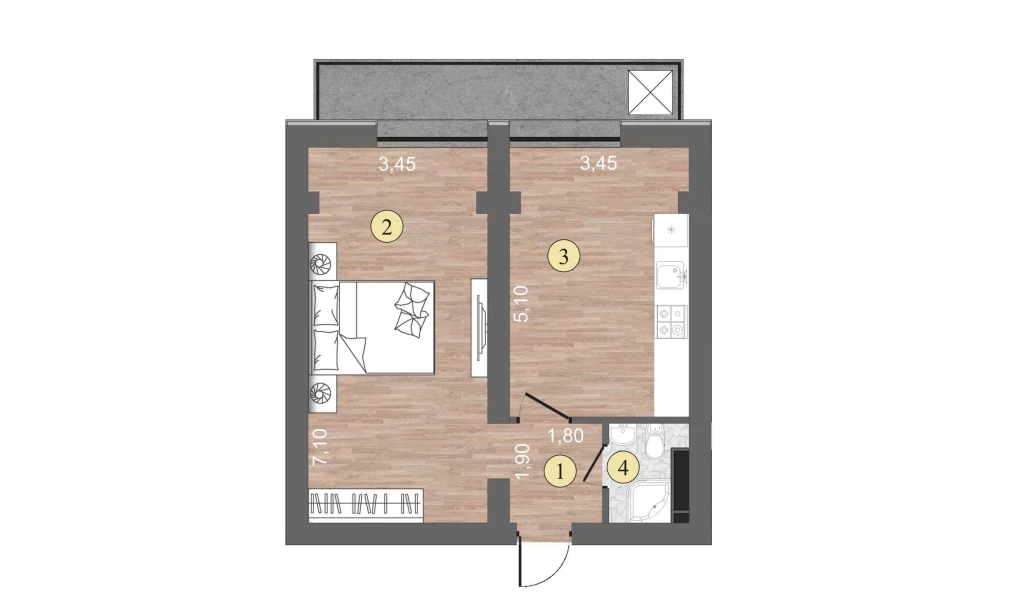 1-комнатная квартира 47 м²  4/4 этаж