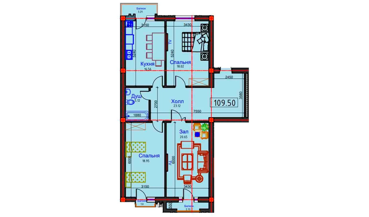 3-комнатная квартира 109.5 м²  7/7 этаж