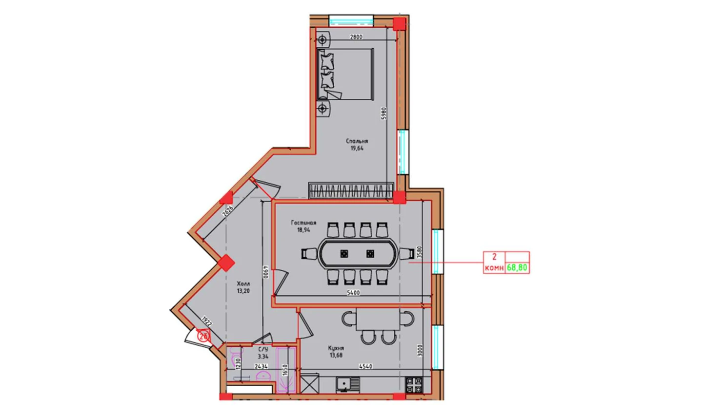 2-xonali xonadon 68.8 m²  1/1 qavat