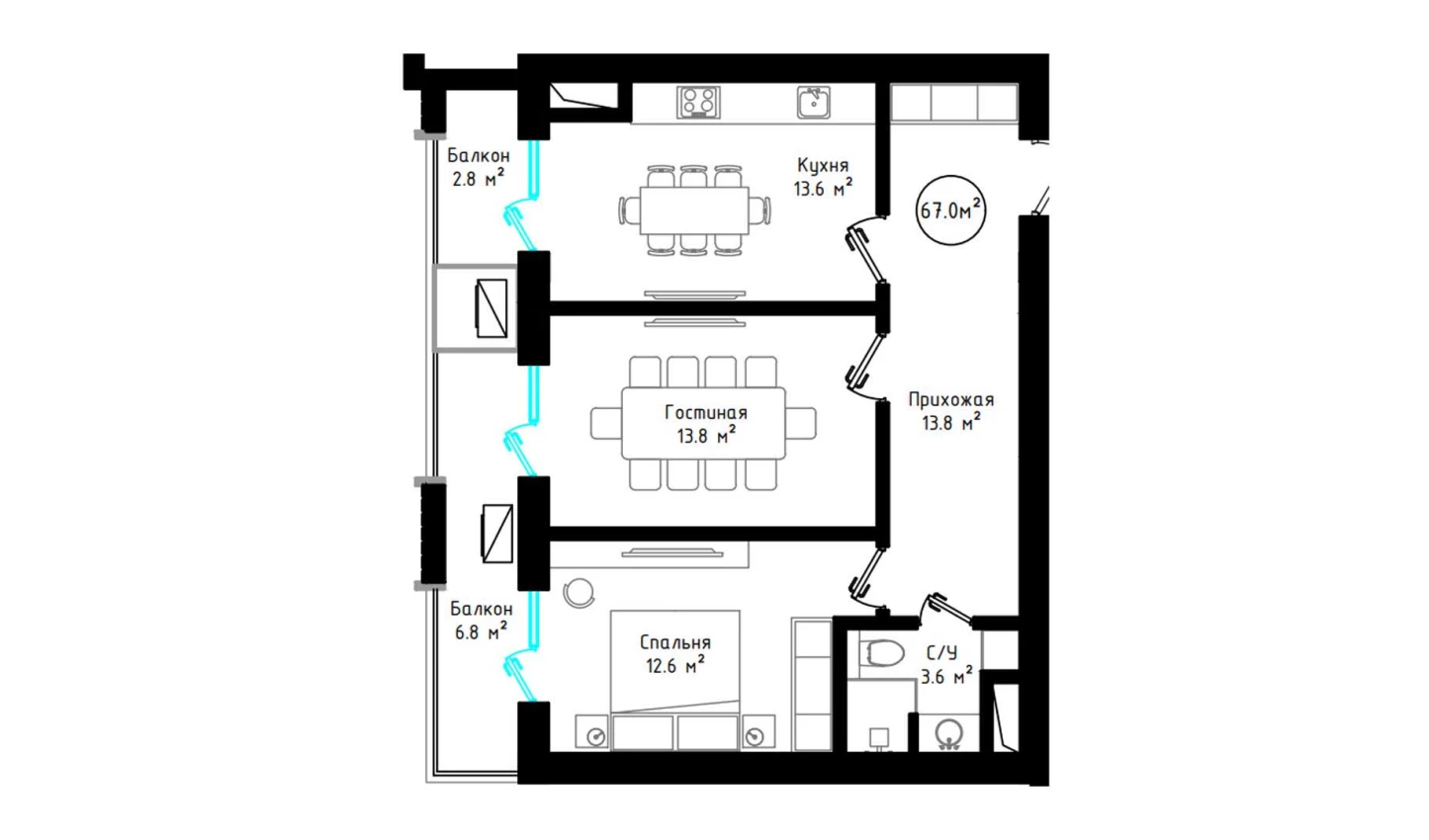 2-комнатная квартира 67 м²  6/6 этаж