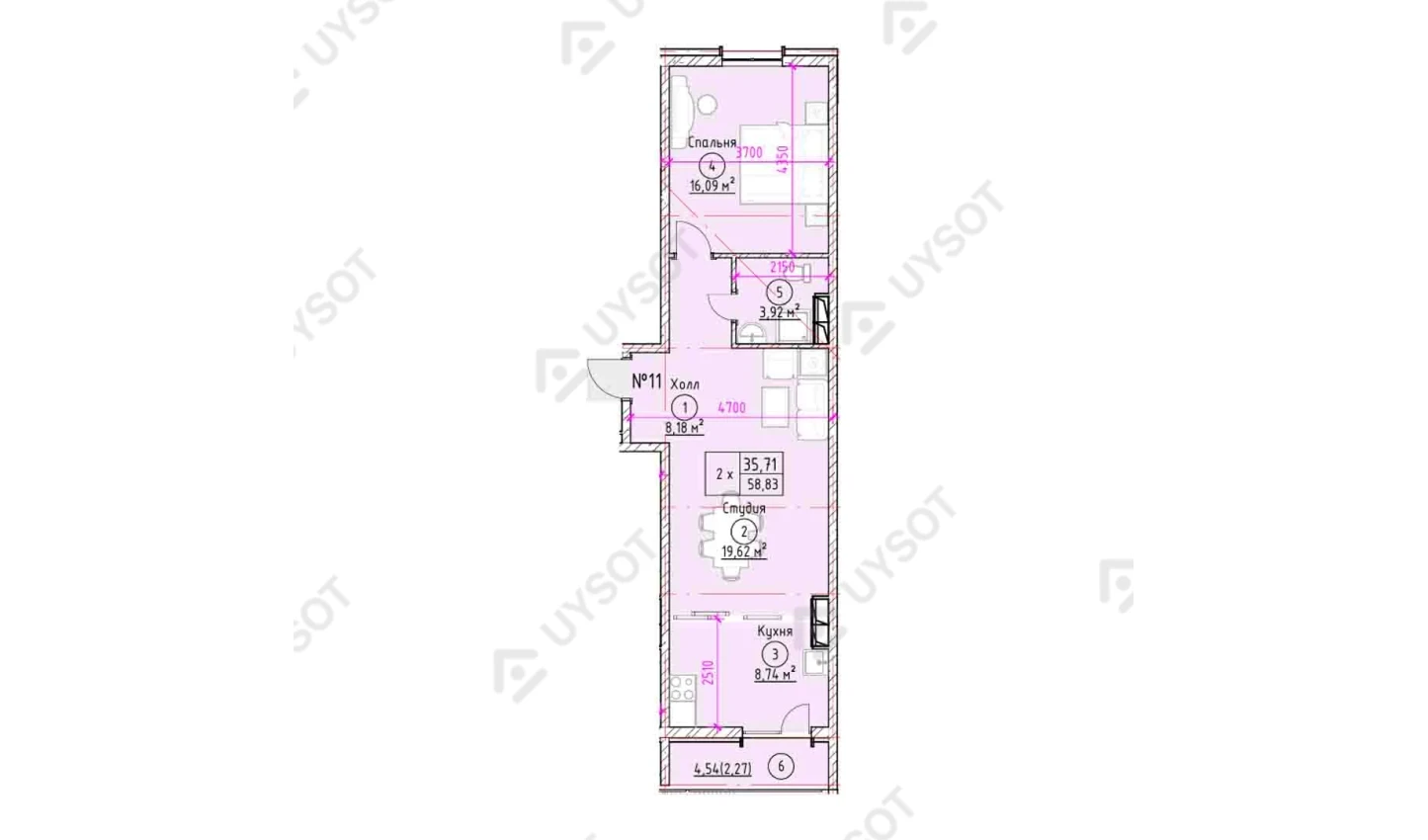 2-xonali xonadon 58.83 m²  2-6/2-6 qavat