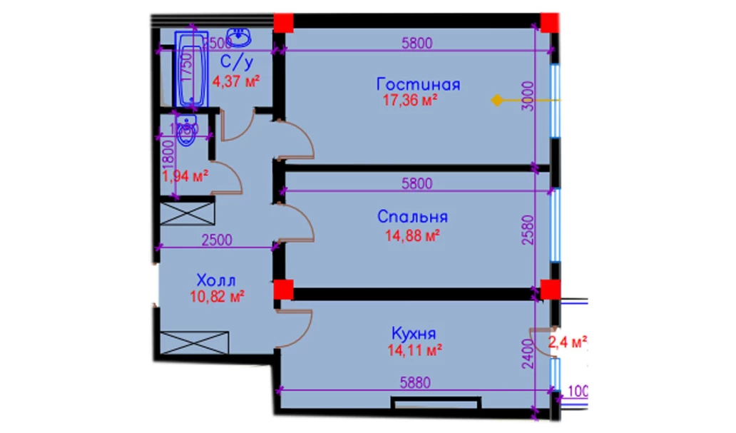 2-комнатная квартира 66.18 м²  7/7 этаж