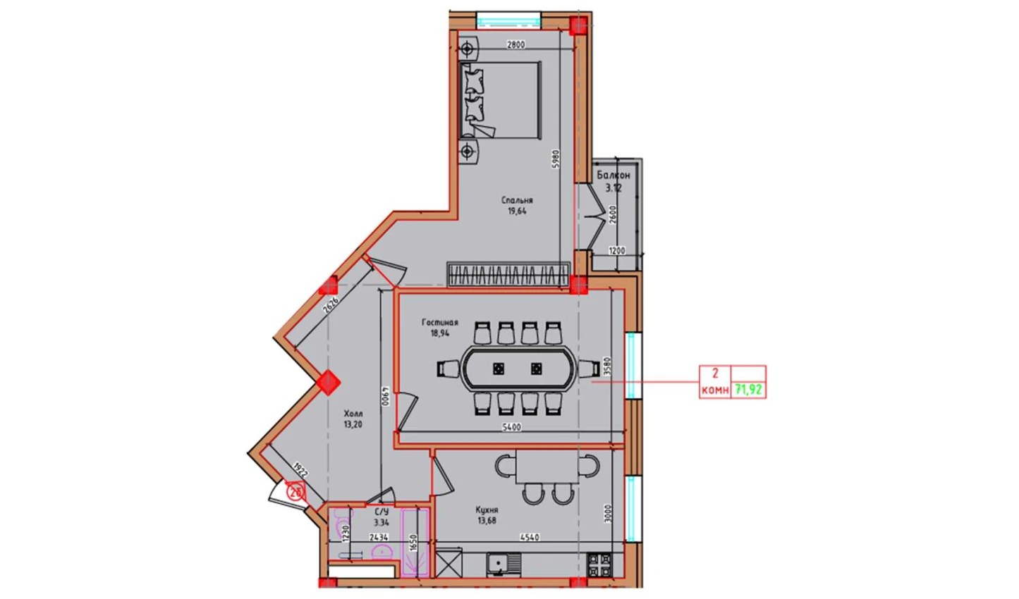 2-xonali xonadon 68.8 m²  7/7 qavat