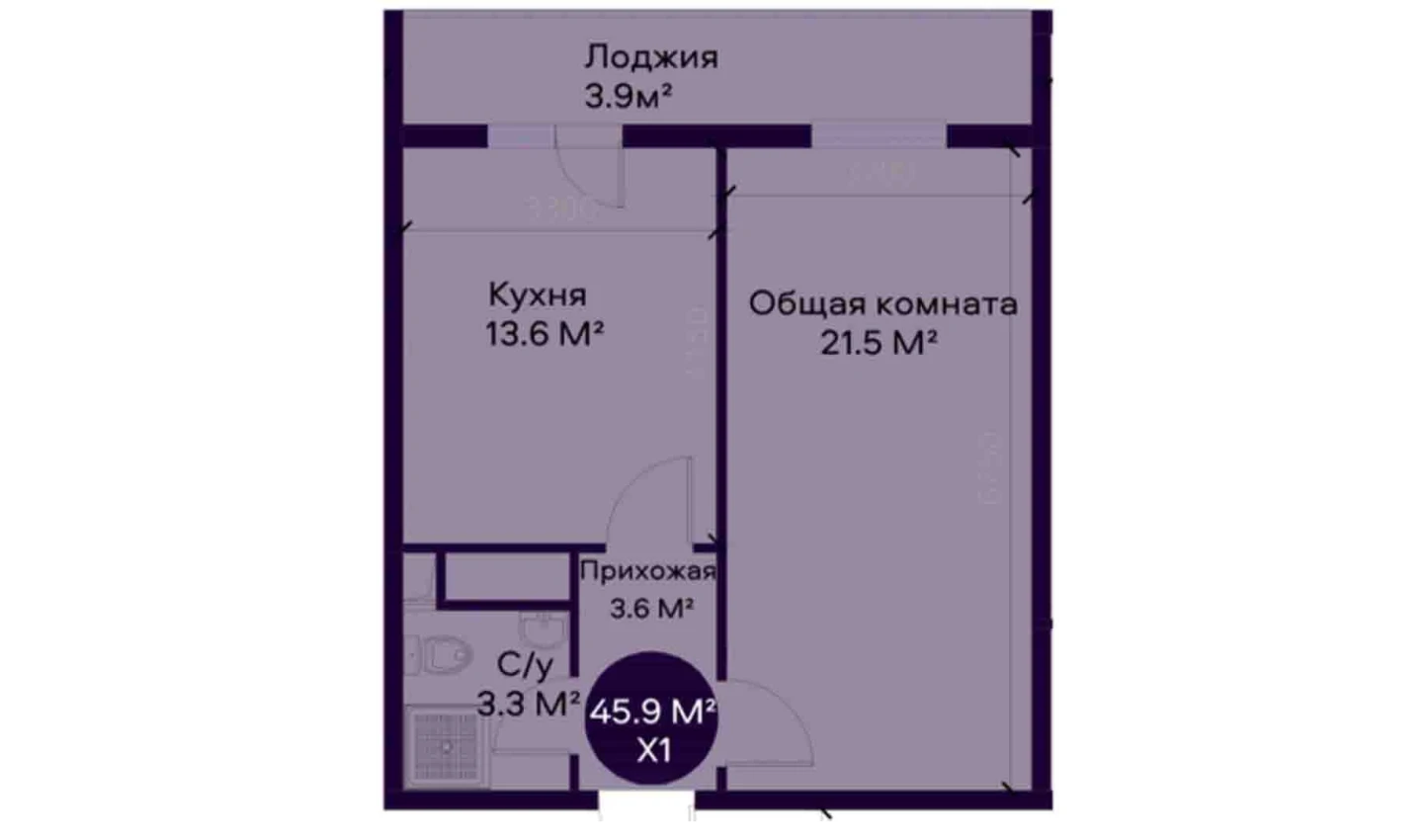 1-комнатная квартира 45.9 м²  3/3 этаж