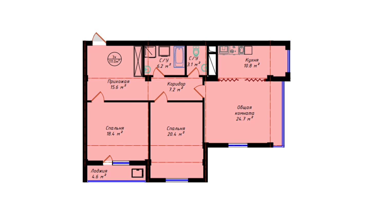 3-комнатная квартира 111 м²  16/16 этаж