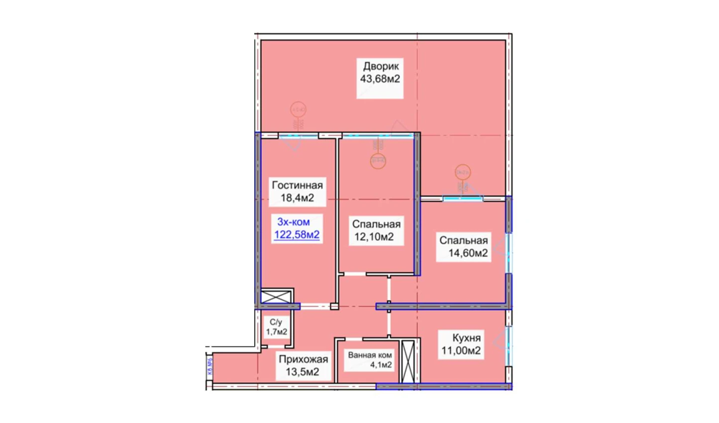 3-комнатная квартира 122.58 м²  2/2 этаж