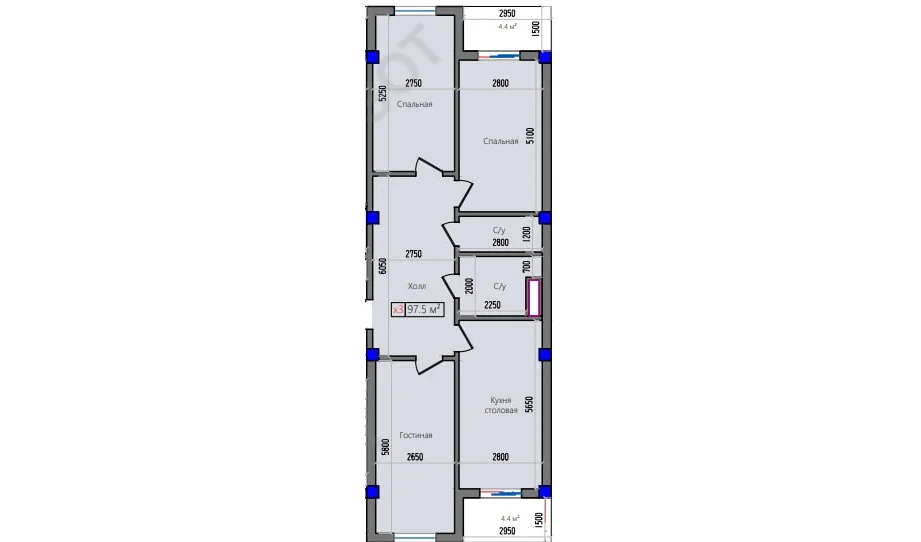 3-xonali xonadon 97.5 m²  6/6 qavat