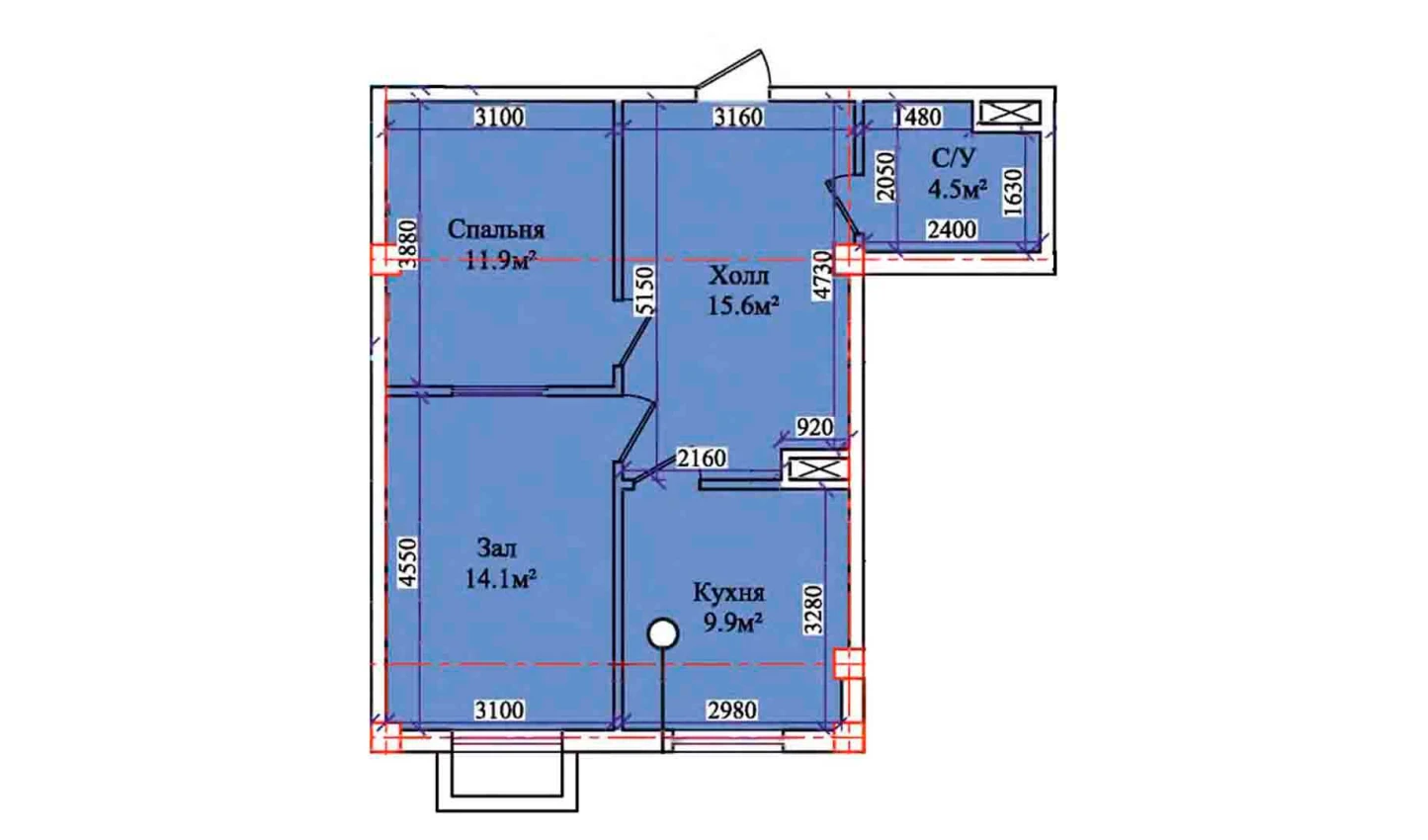 2-xonali xonadon 57.9 m²  1/1 qavat