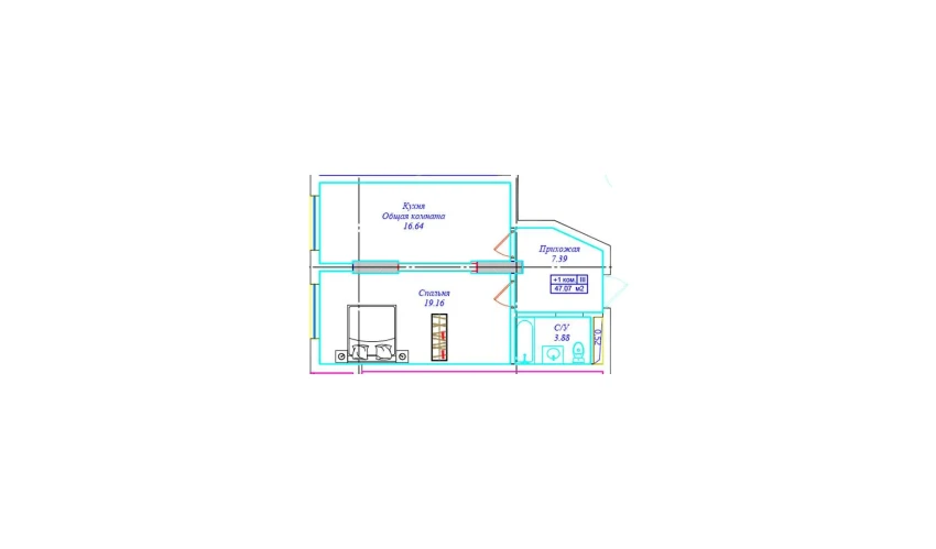 1-комнатная квартира 47.07 м²  4/16 этаж | Жилой комплекс UCHTEPA CITY