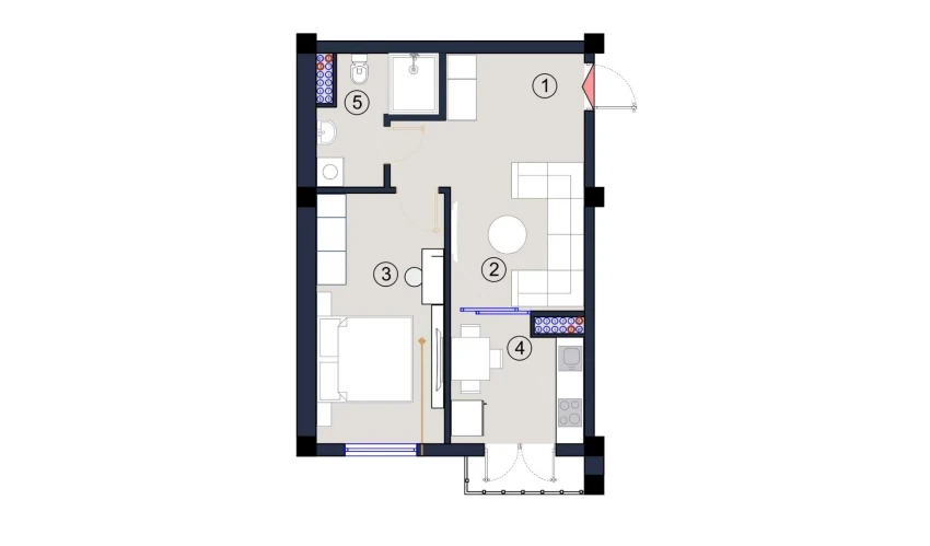 1-xonali xonadon 45.5 m²  3/9 qavat | FLORYA RESIDENCE Turar-joy majmuasi