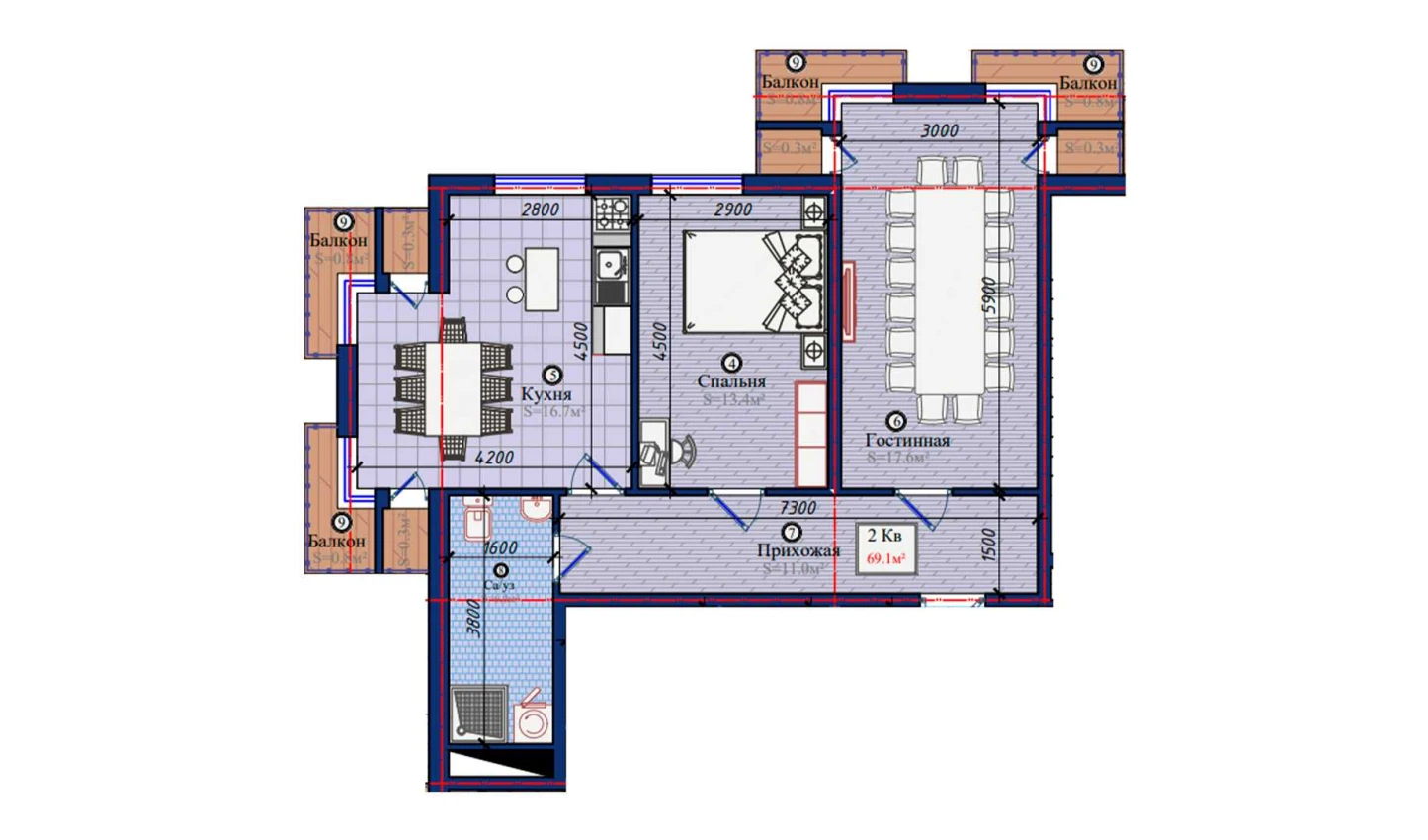 2-комнатная квартира 69.1 м²  2/2 этаж