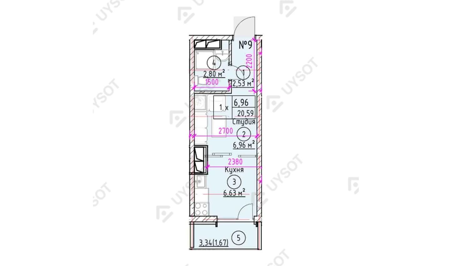 1-комнатная квартира 20.59 м²  2-6/2-6 этаж