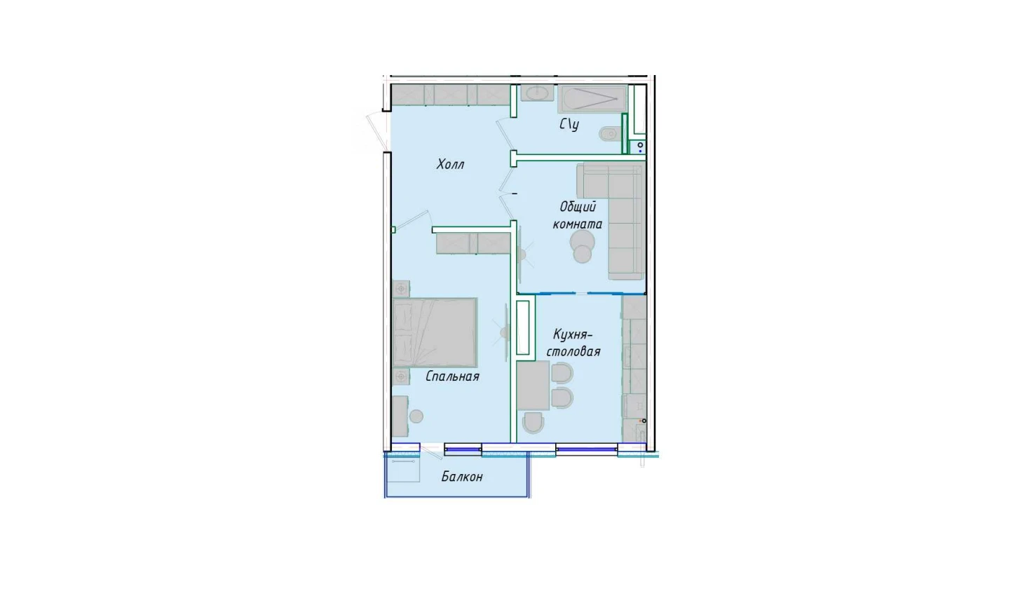 2-комнатная квартира 50.85 м²  1/1 этаж