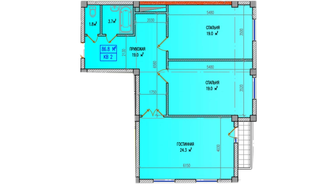 3-xonali xonadon 86.8 m²  6/6 qavat