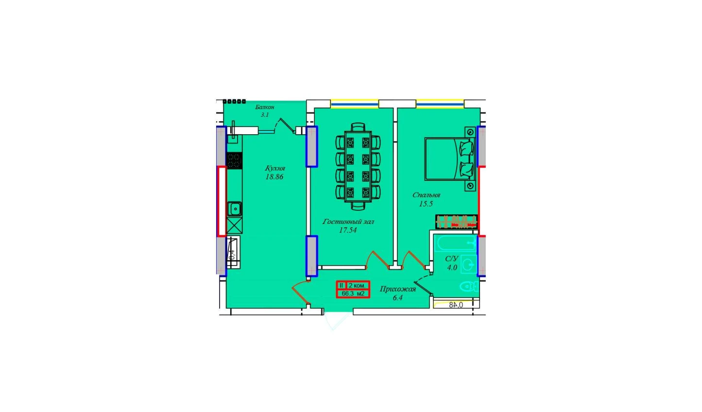 1-xonali xonadon 65.38 m²  7/7 qavat