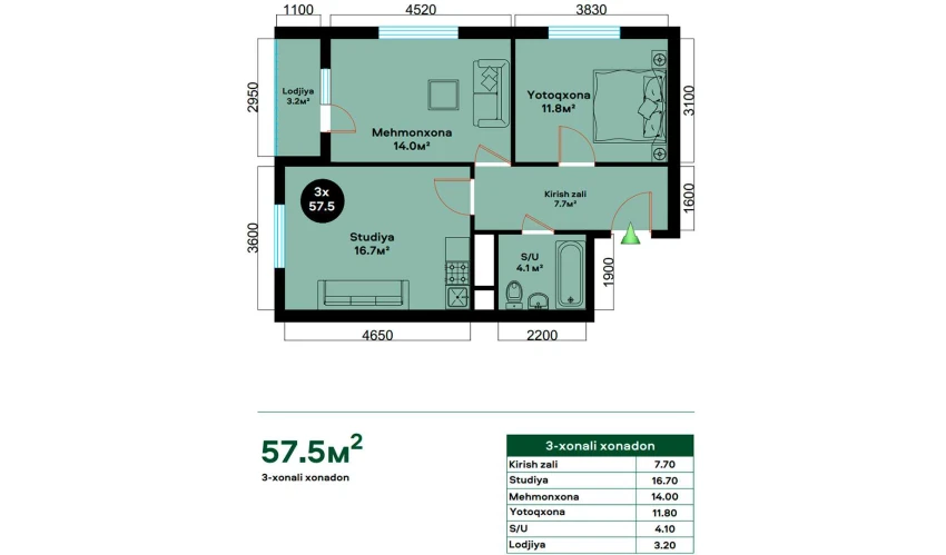 3-xonali xonadon 57.5 m²  12/12 qavat