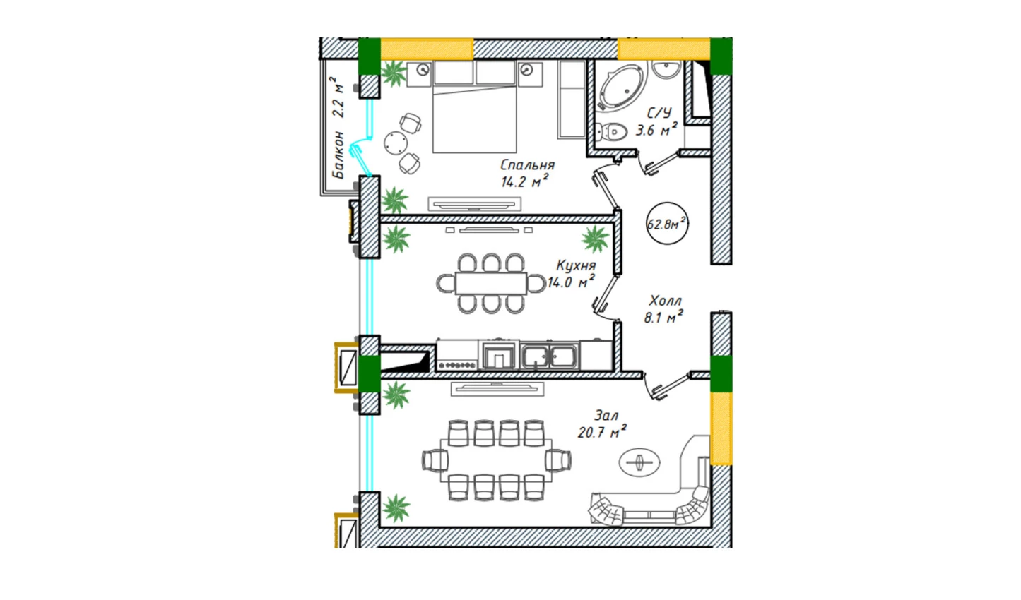 2-xonali xonadon 63.7 m²  10/10 qavat