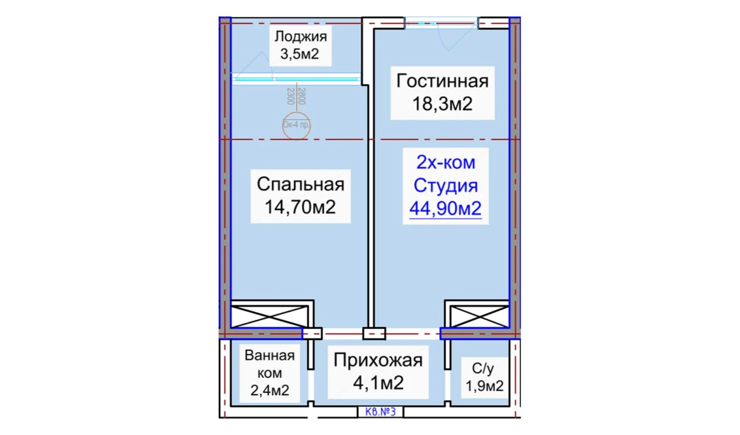 2-комнатная квартира 44.9 м²  3/3 этаж