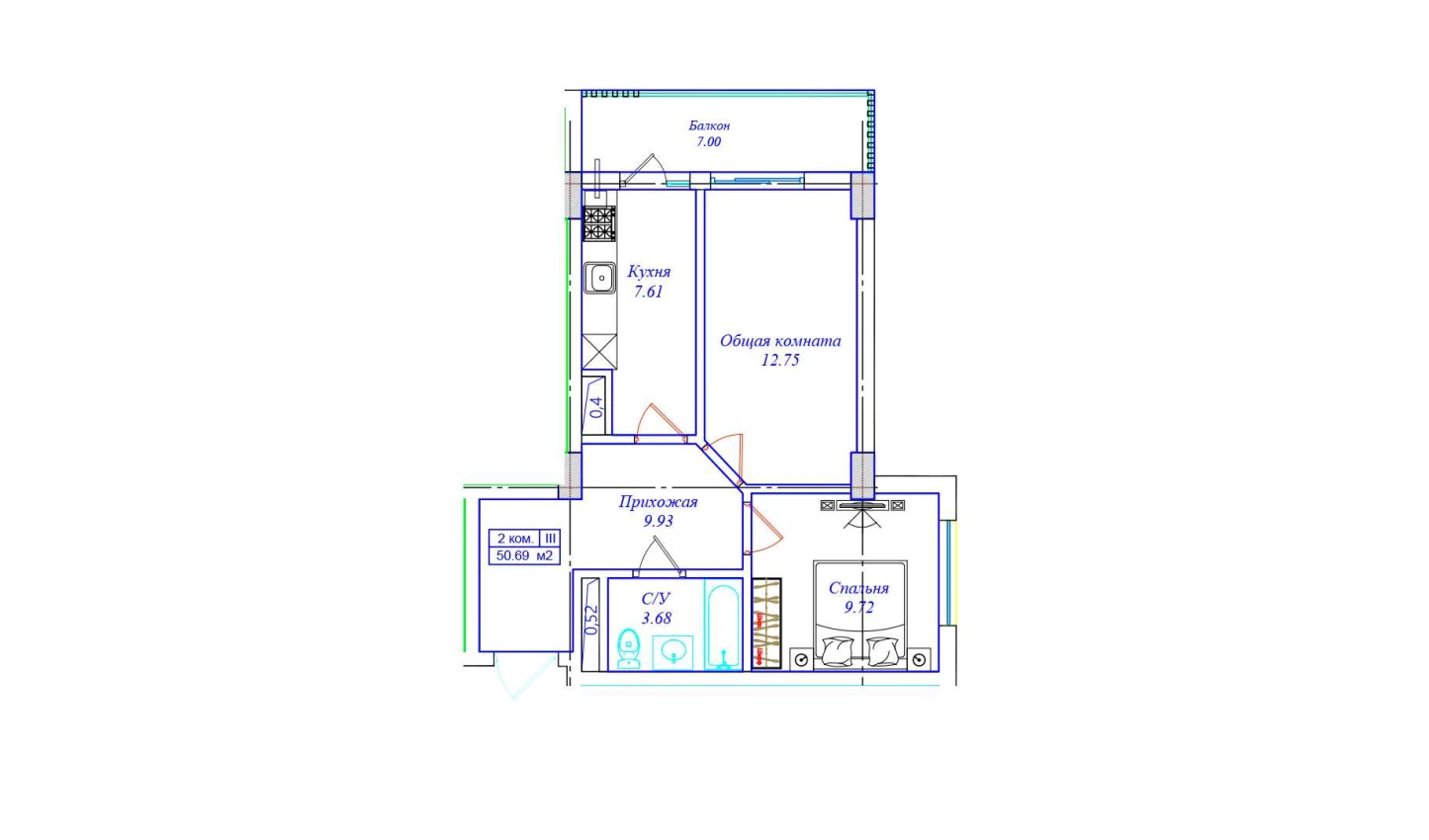 2-комнатная квартира 50.69 м²  2/2 этаж