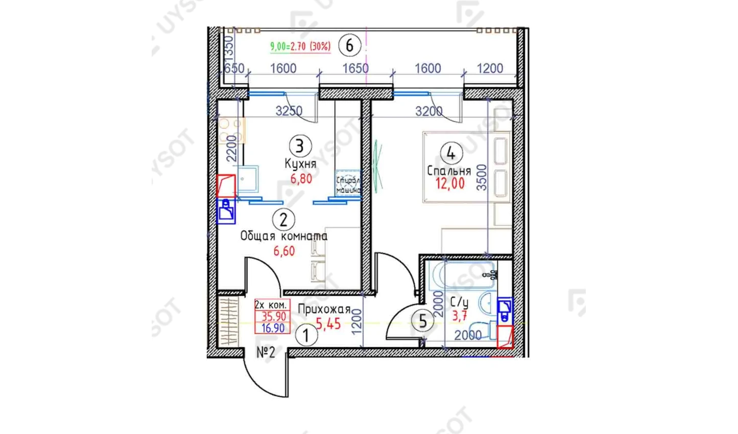 2-комнатная квартира 35.9 м²  2-8/2-8 этаж