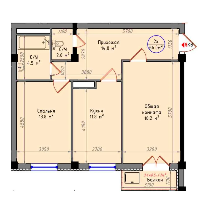 2-комнатная квартира 66 м²  6/6 этаж