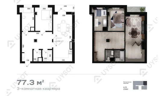 3-xonali xonadon 77.3 m²  2/13 qavat | Binkat Turar-joy majmuasi