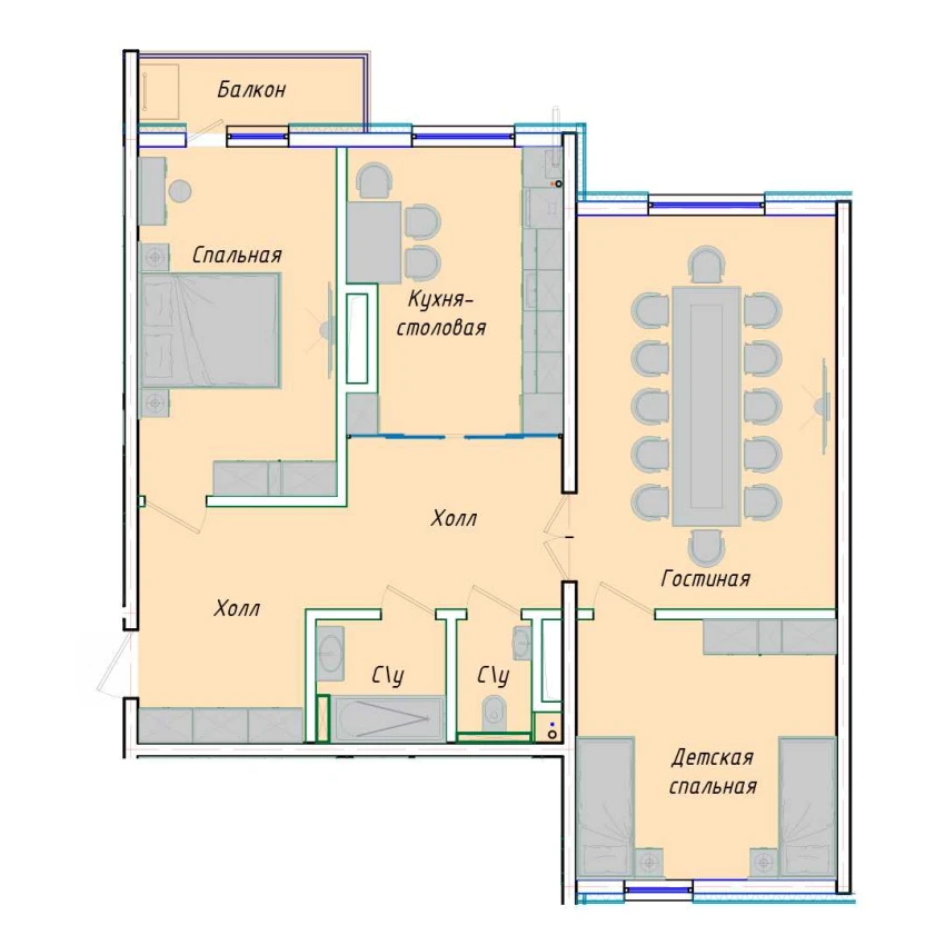 2-комн. квартира 91.42 м²  9/12 этаж | Жилой комплекс SERGELI CITY