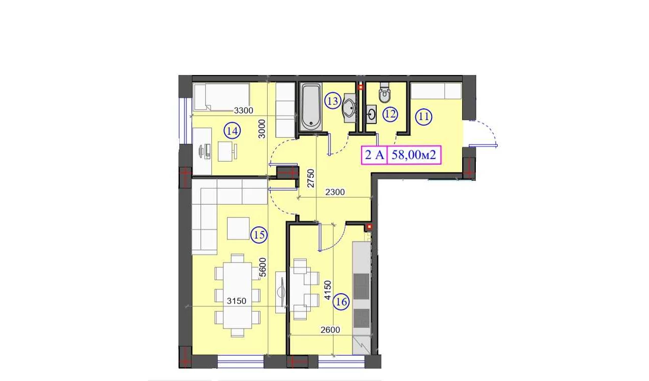 2-комнатная квартира 58 м²  0/0 этаж