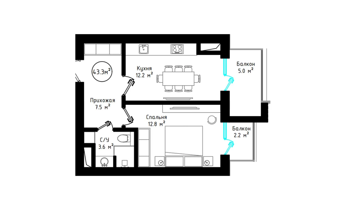 1-комнатная квартира 43.3 м²  6/6 этаж