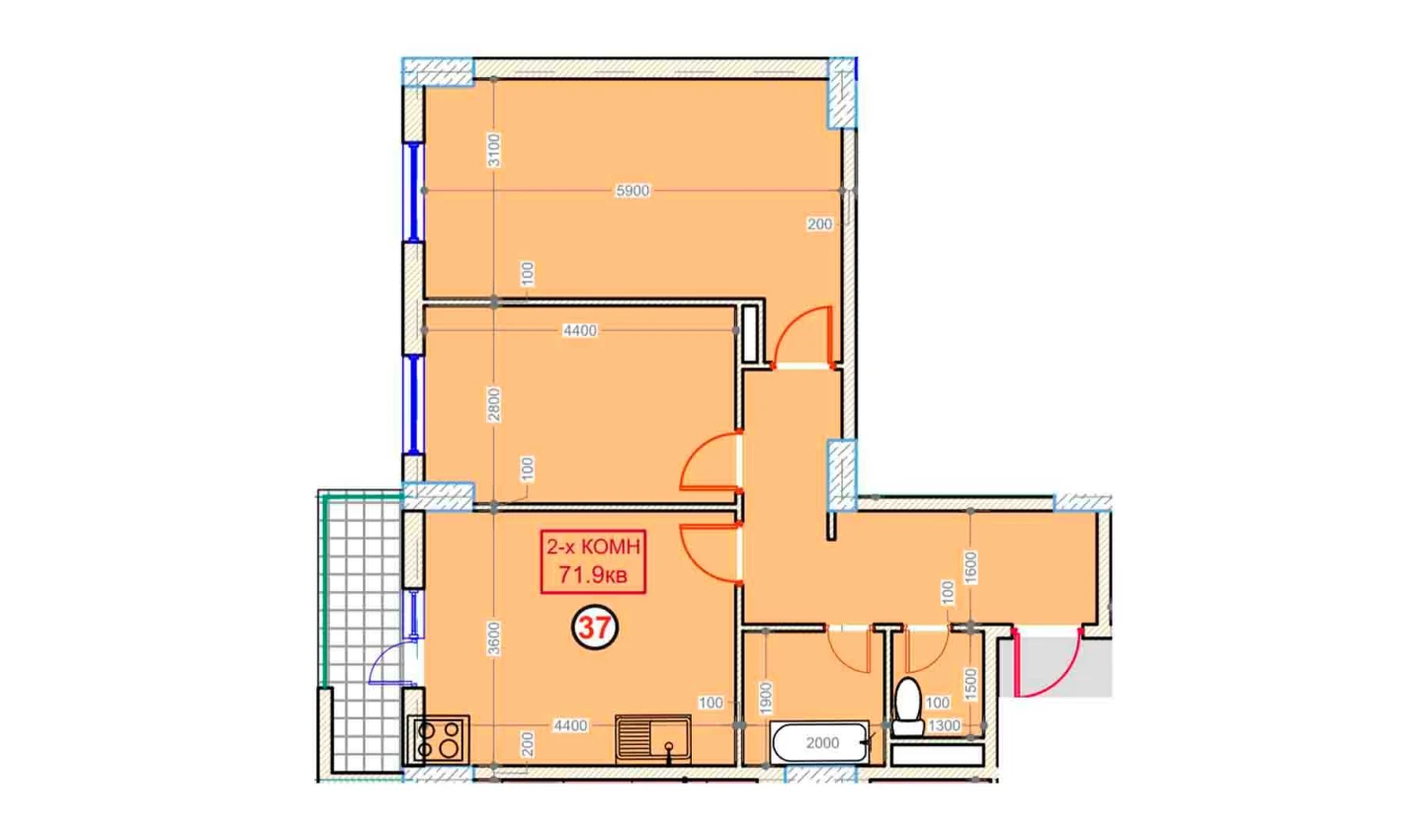 2-комнатная квартира 71.9 м²  9/9 этаж