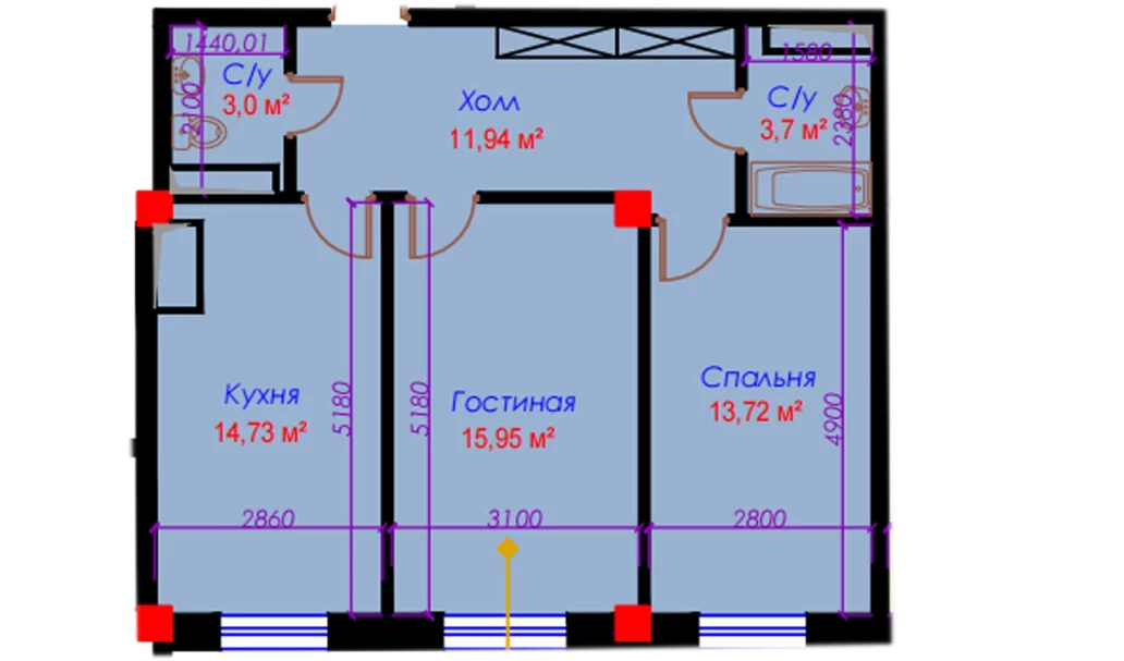 2-xonali xonadon 63.95 m²  10/10 qavat