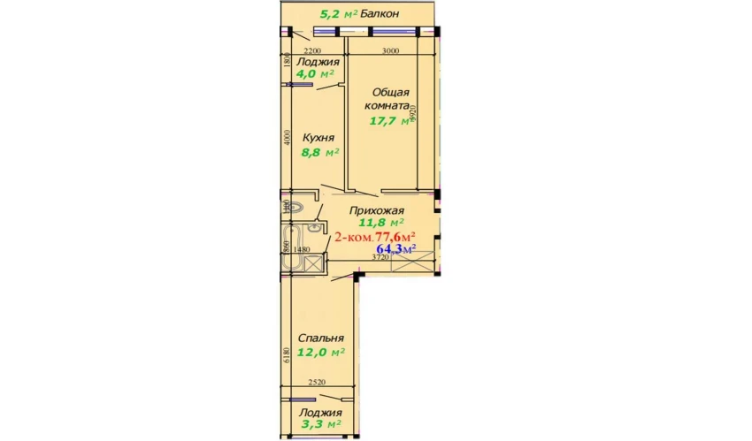 2-xonali xonadon 77.6 m²  2/7 qavat | Bunyodkor Turar-joy majmuasi