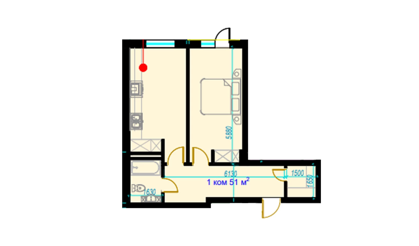 1-комнатная квартира 51 м²  1/1 этаж