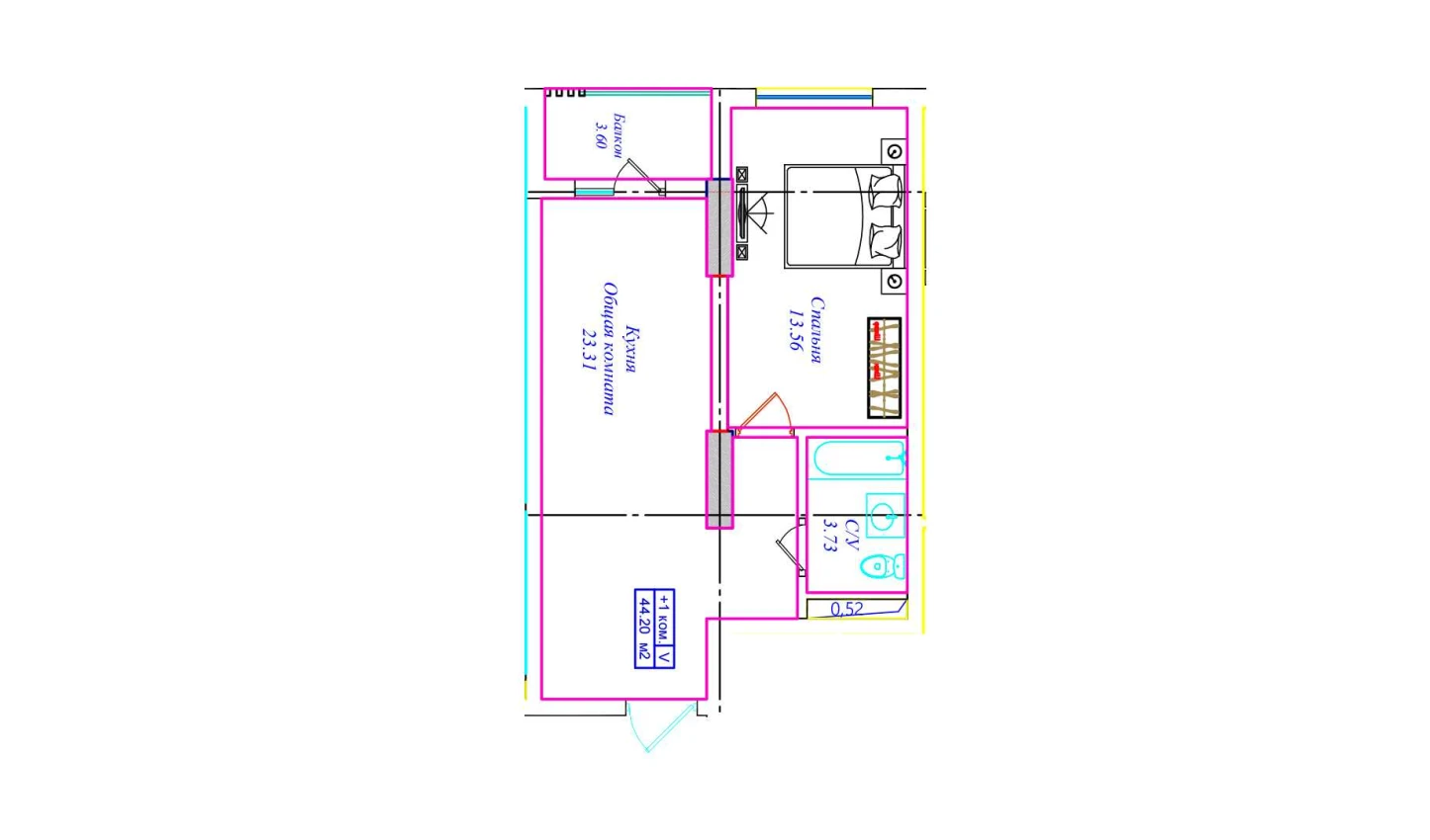 1-xonali xonadon 44.2 m²  6/6 qavat