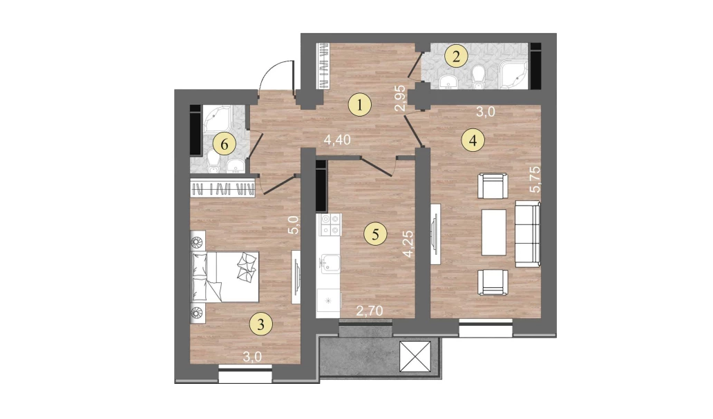 2-комнатная квартира 60 м²  2/2 этаж