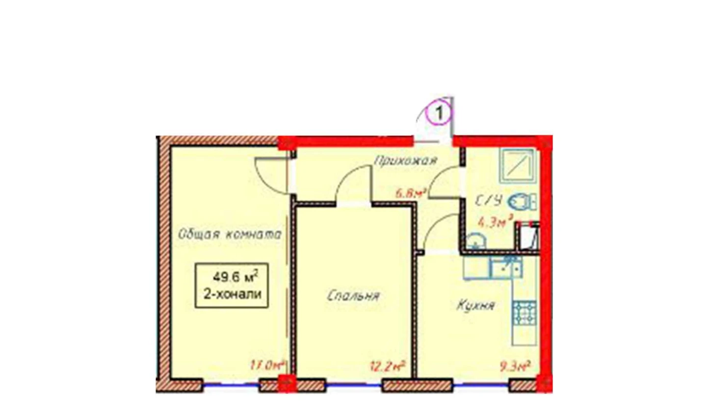 2-комнатная квартира 49.6 м²  1/1 этаж