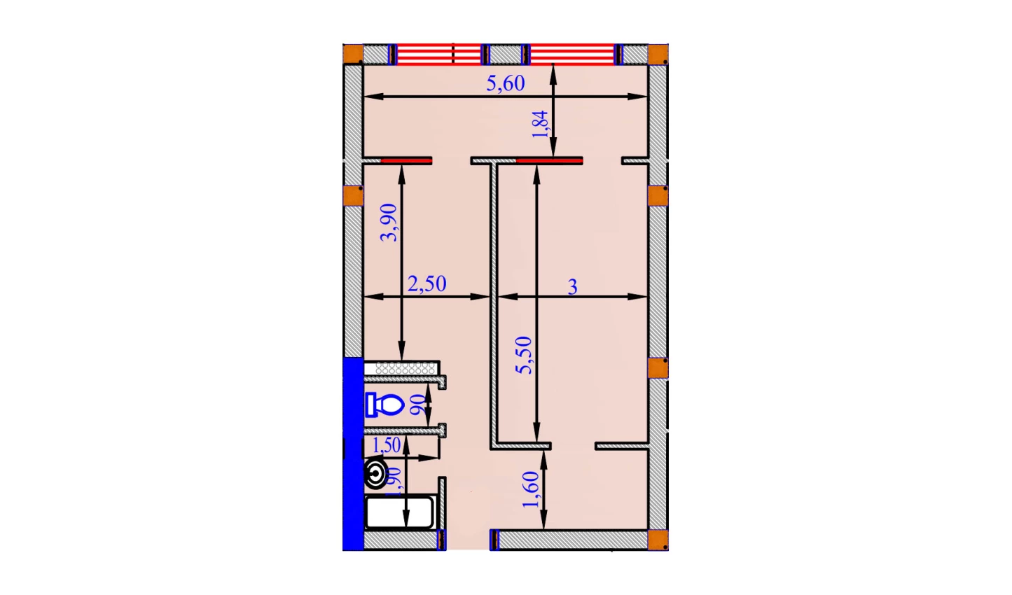 1-xonali xonadon 57.4 m²  6/6 qavat