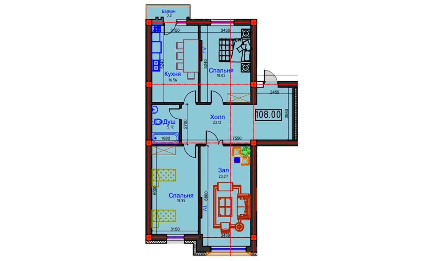 3-комнатная квартира 108 м²  2/2 этаж