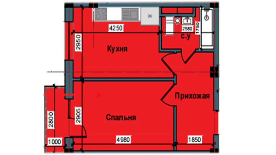 1-комнатная квартира 43.5 м²  4/4 этаж