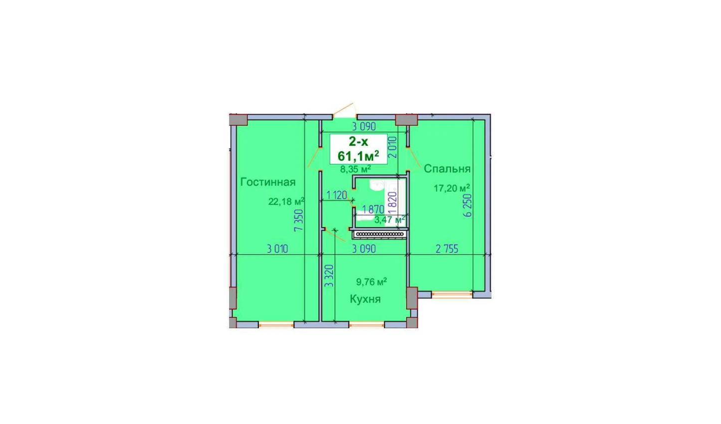 2-комнатная квартира 61.1 м²  1/1 этаж