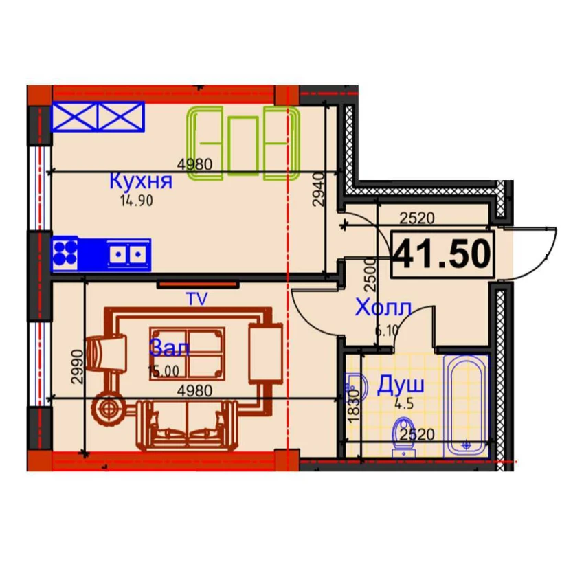 1-xonali xonadon 41.5 m²  1/1 qavat