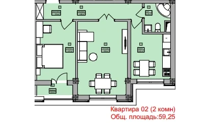 2-комнатная квартира 59.25 м²  3/3 этаж