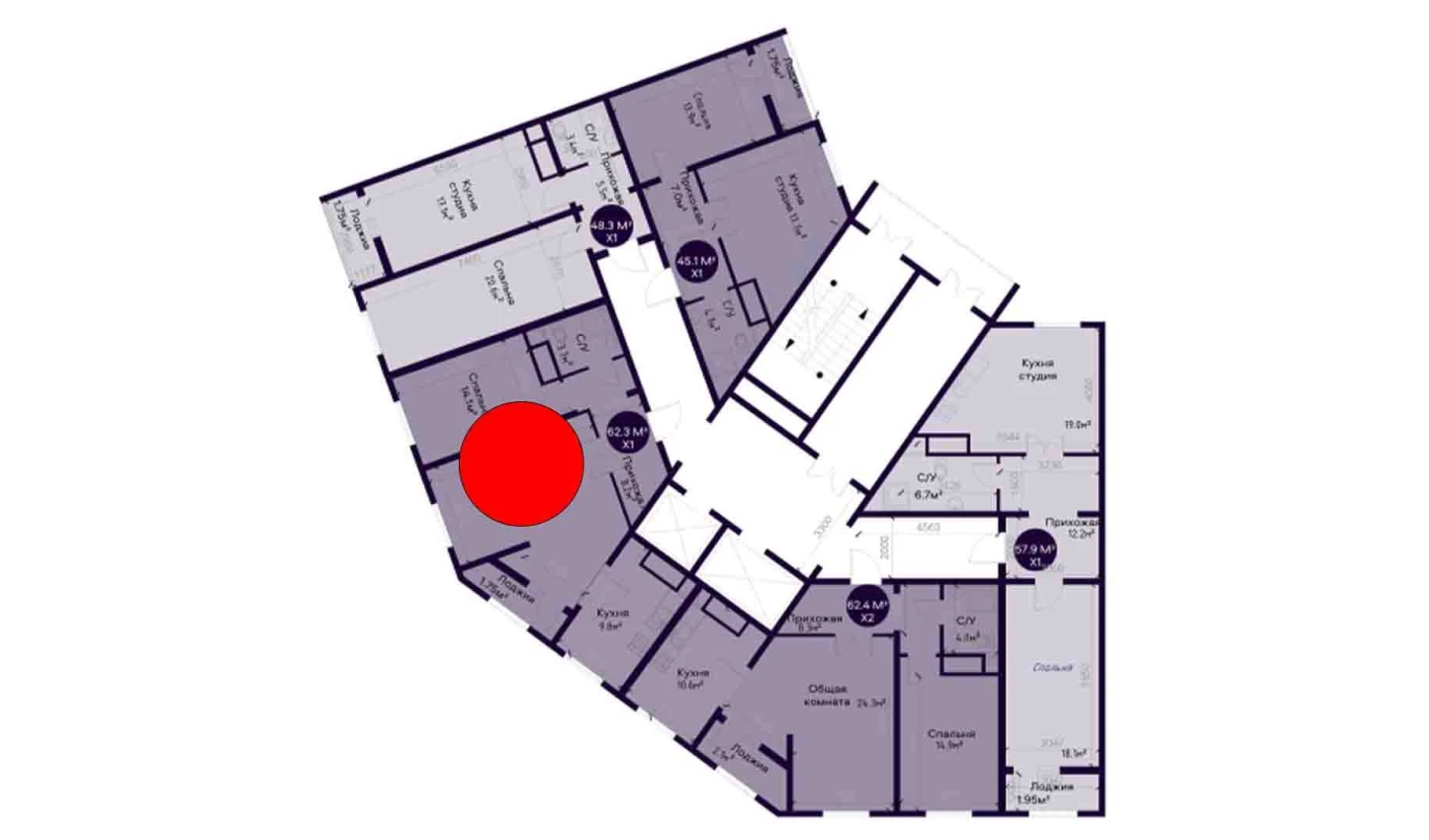 1-комнатная квартира 62.3 м²  4/4 этаж