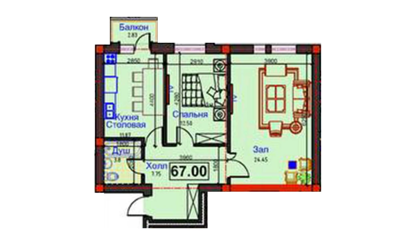 2-комнатная квартира 67 м²  6/6 этаж