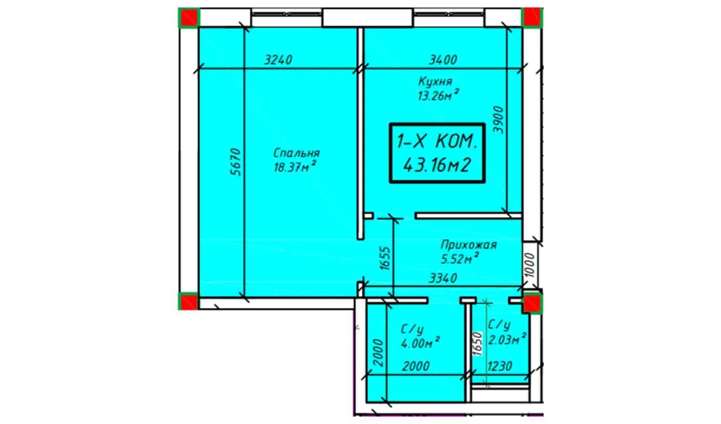 1-xonali xonadon 43.16 m²  3/3 qavat