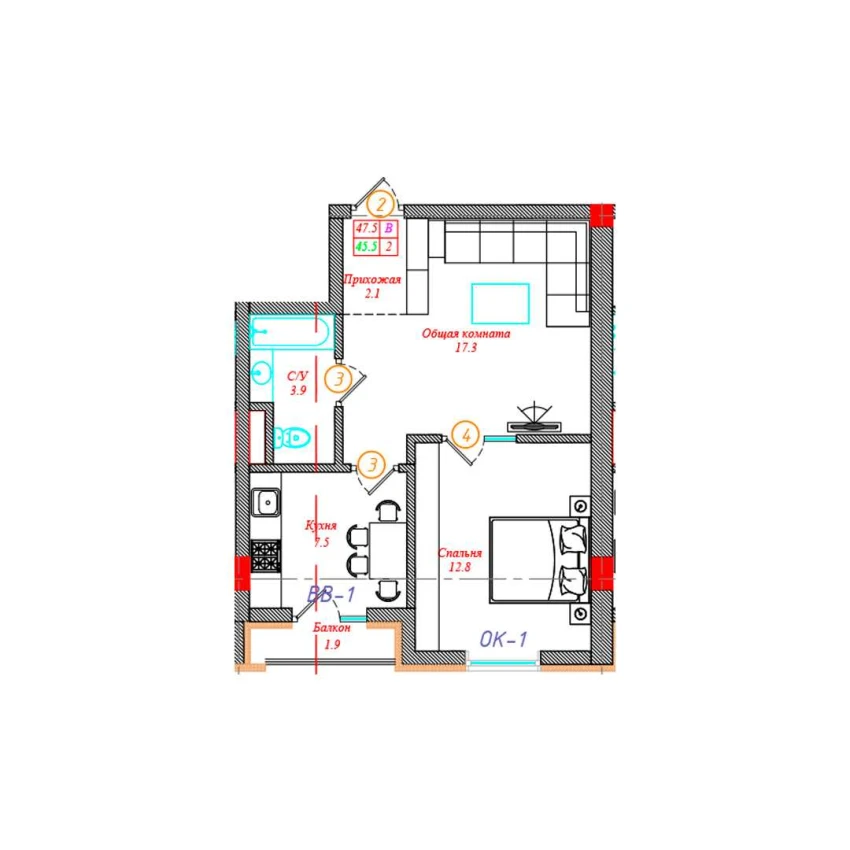 2-xonali xonadon 47.5 m²  2/12 qavat | CHINARA PARK Turar-joy majmuasi