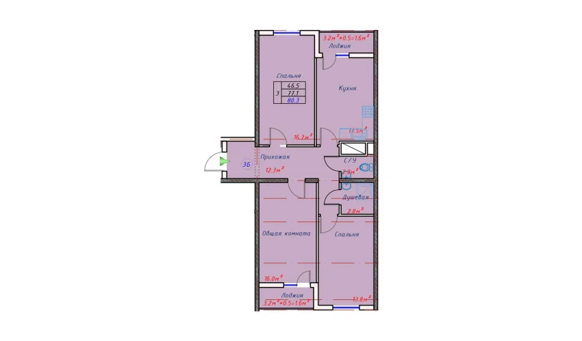 3-комнатная квартира 80.3 м²  15/16 этаж | Жилой комплекс TRINITY