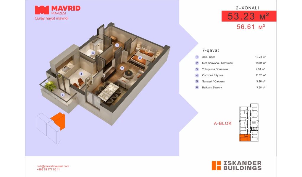 2-комнатная квартира 53.23 м²  7/7 этаж