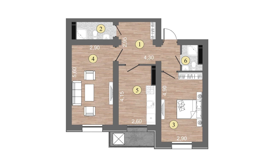 2-комнатная квартира 57 м²  1/1 этаж