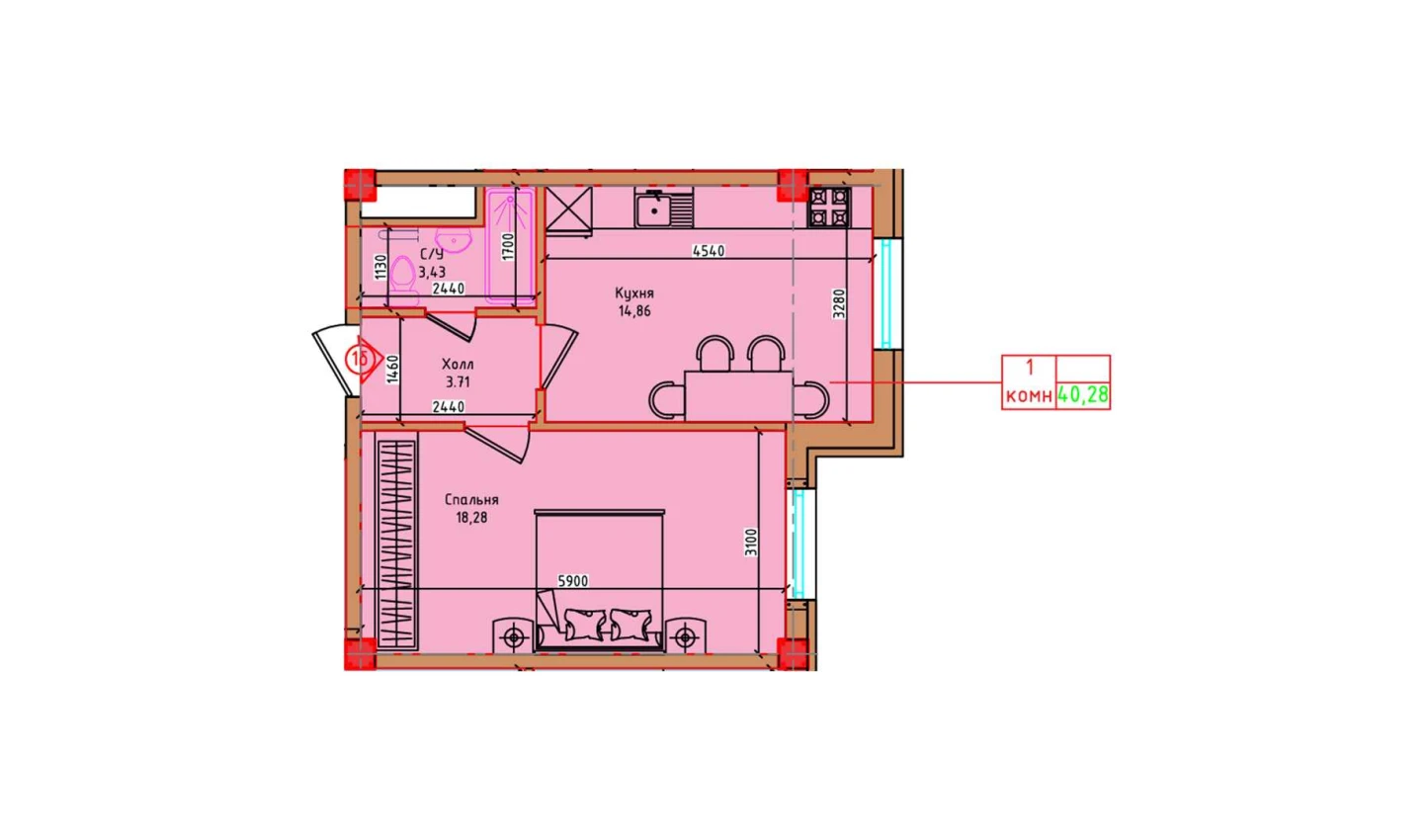 1-xonali xonadon 40.28 m²  8/8 qavat